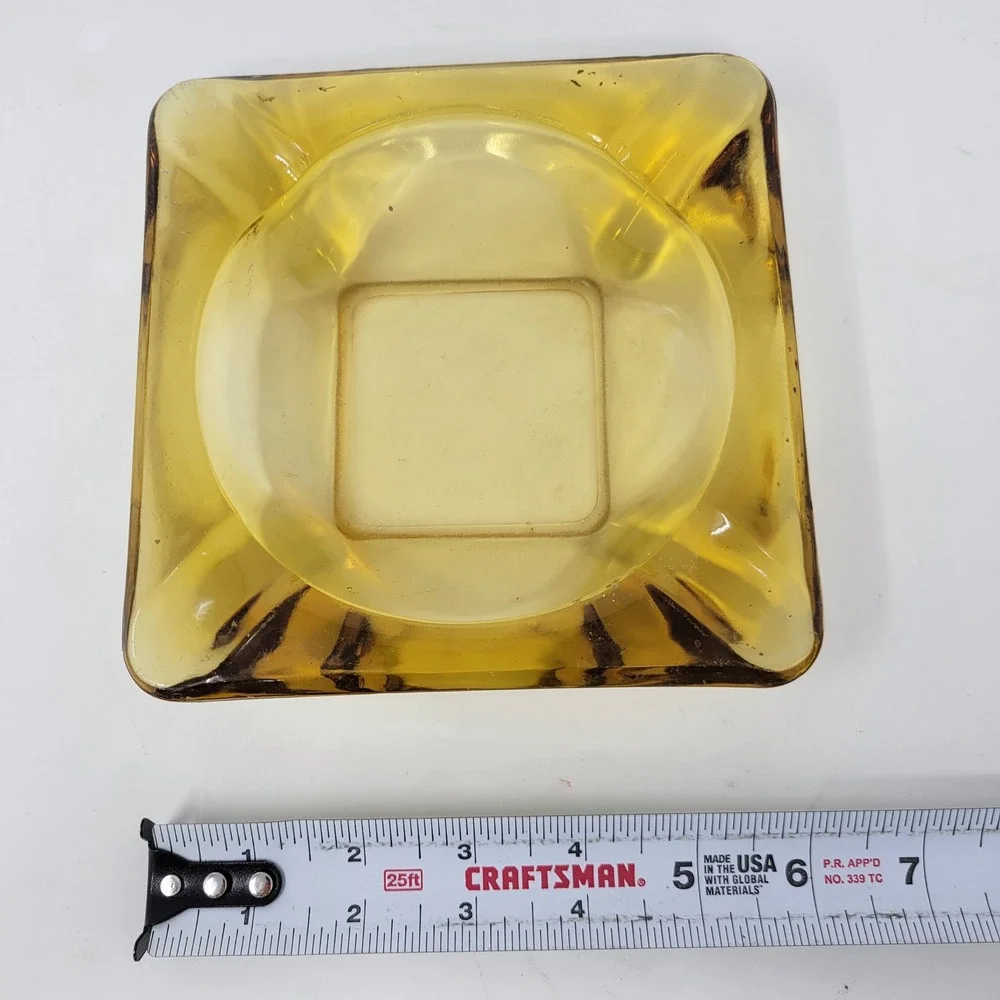 Vintage Amber Glass Ashtray Square‎ Diamond Cut Heavy Glass 6